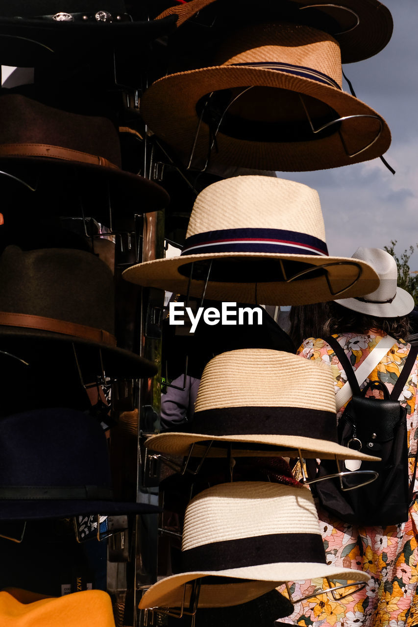 hat, fashion accessory, fedora, no people, yellow, musical instrument, large group of objects, arts culture and entertainment