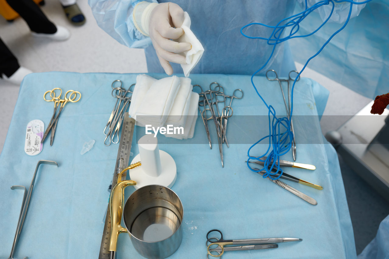 High angle view of medical equipment on table