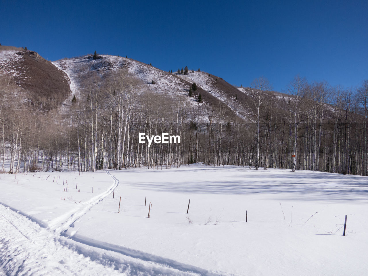 Scenic view of snow covered landscape against clear blue sky