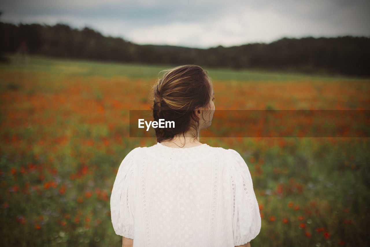 Rear view of woman standing on blooming poppy field