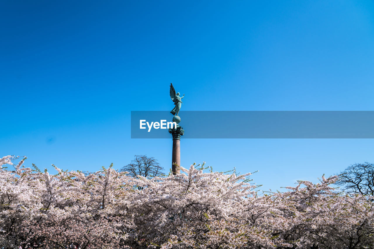 LOW ANGLE VIEW OF STATUE ON PLANT AGAINST BLUE SKY