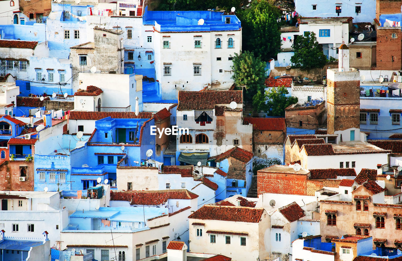 High angle view of houses in town