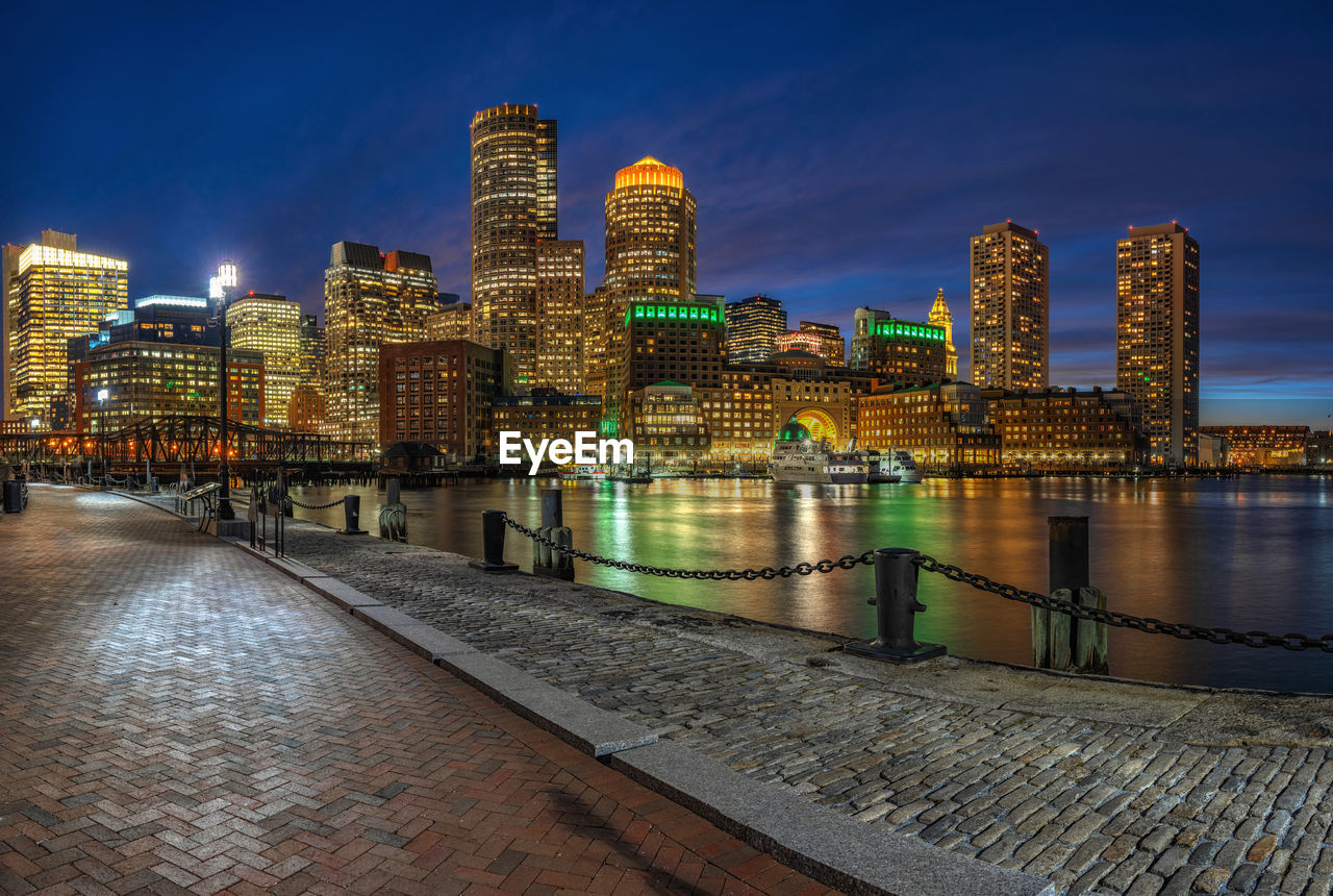 Panorama of boston skyline from fan pier at the fantastic twilight time