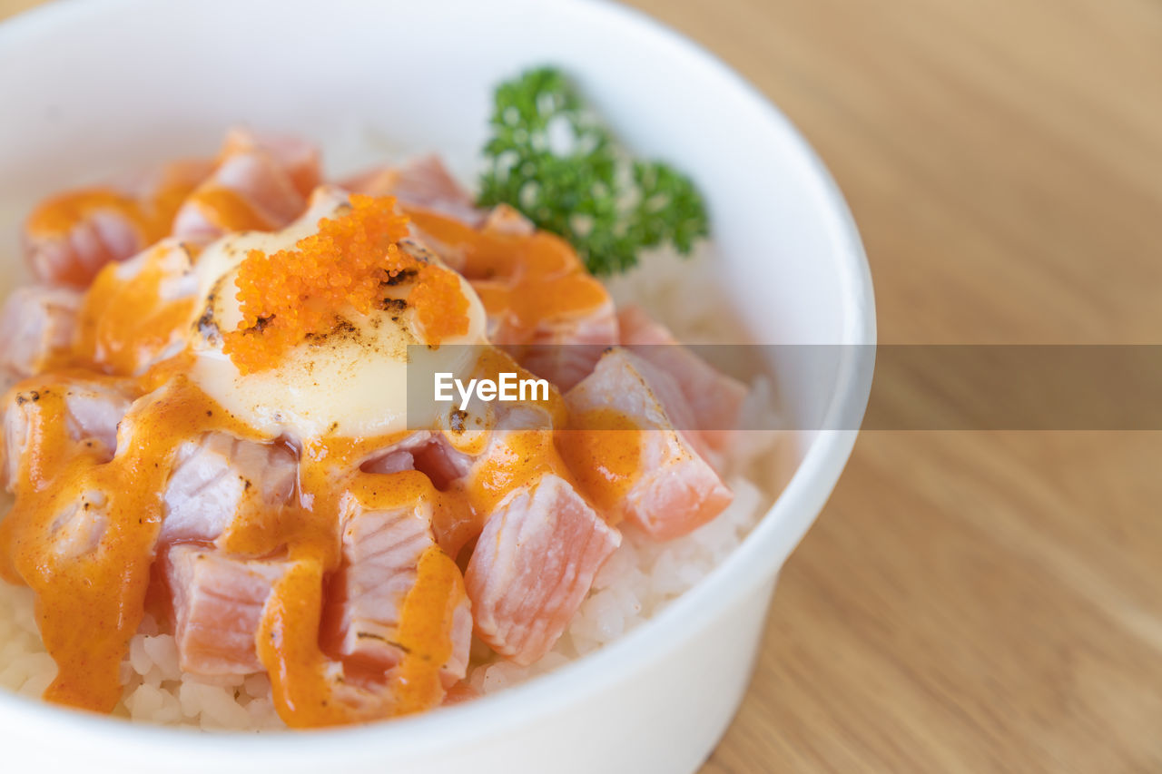 High angle view of salmon served in bowl