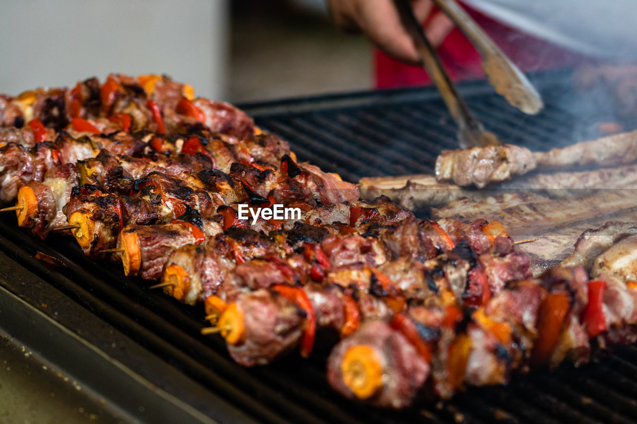 close-up of meat on barbecue