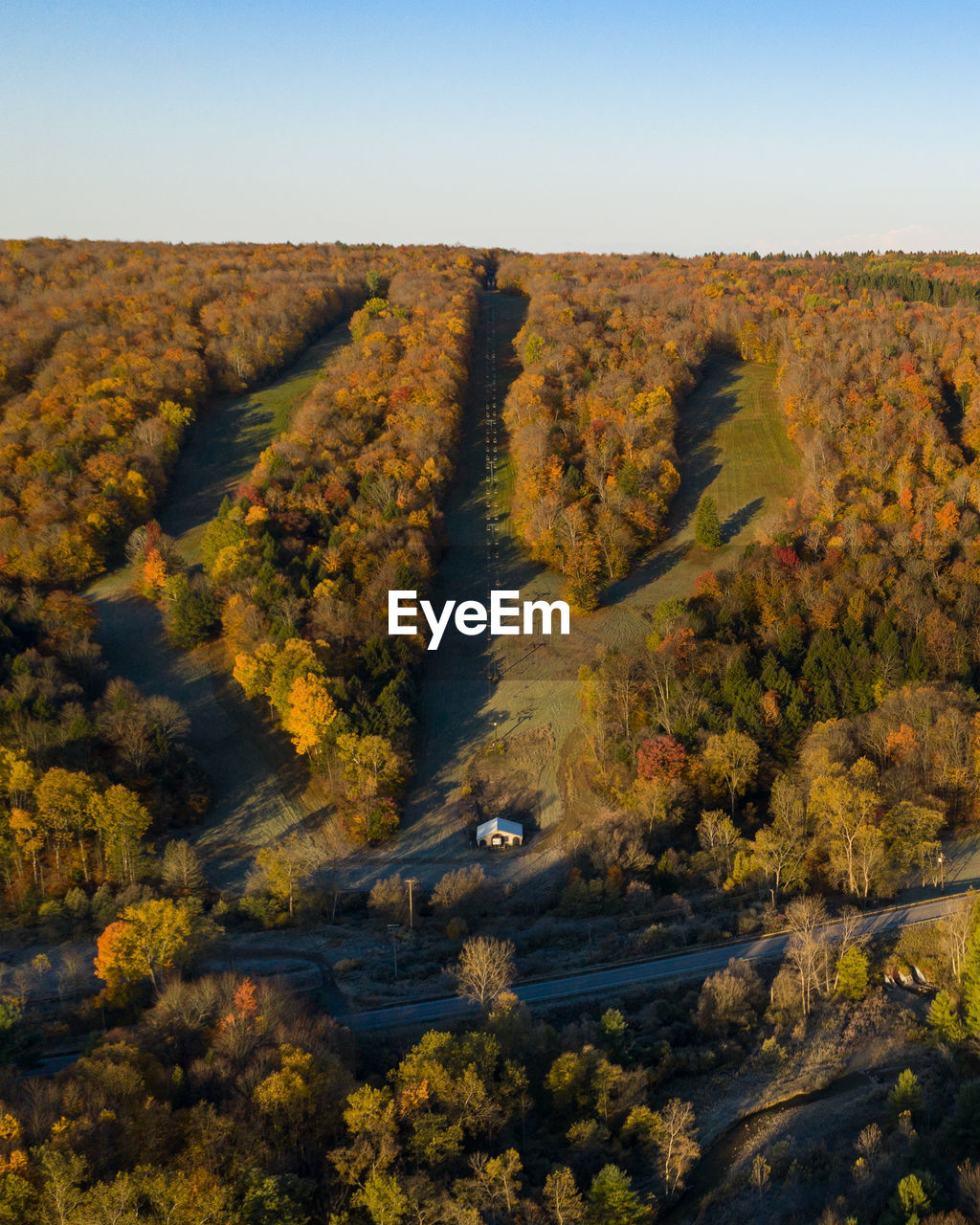 Aerial view of a ski resort in new york on a cold fall morning