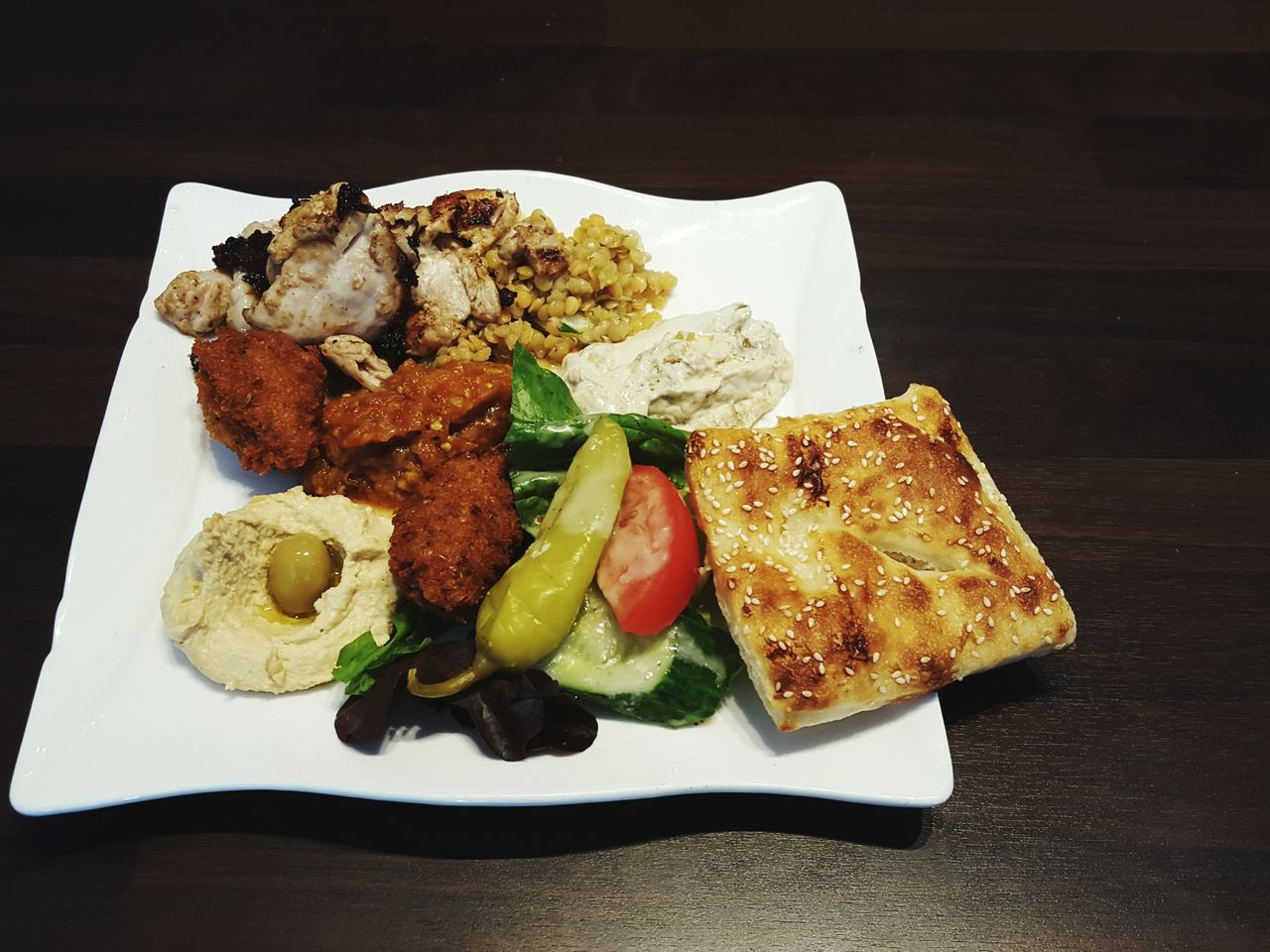 High angle view of meal served in plate on table