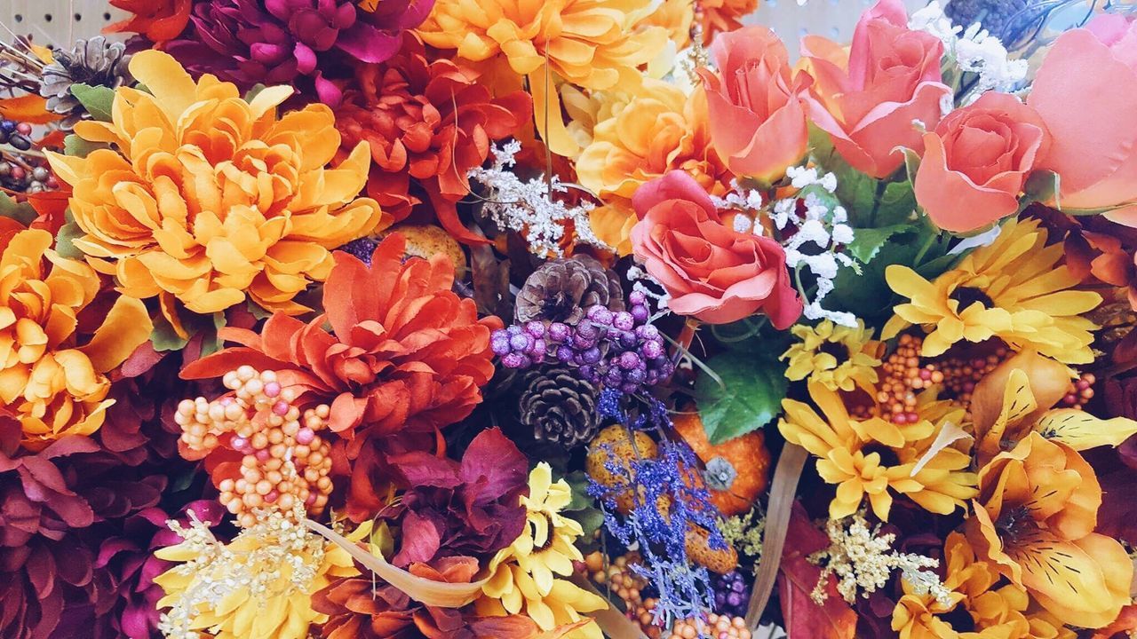 FULL FRAME SHOT OF MULTI COLORED FLOWERS BOUQUET