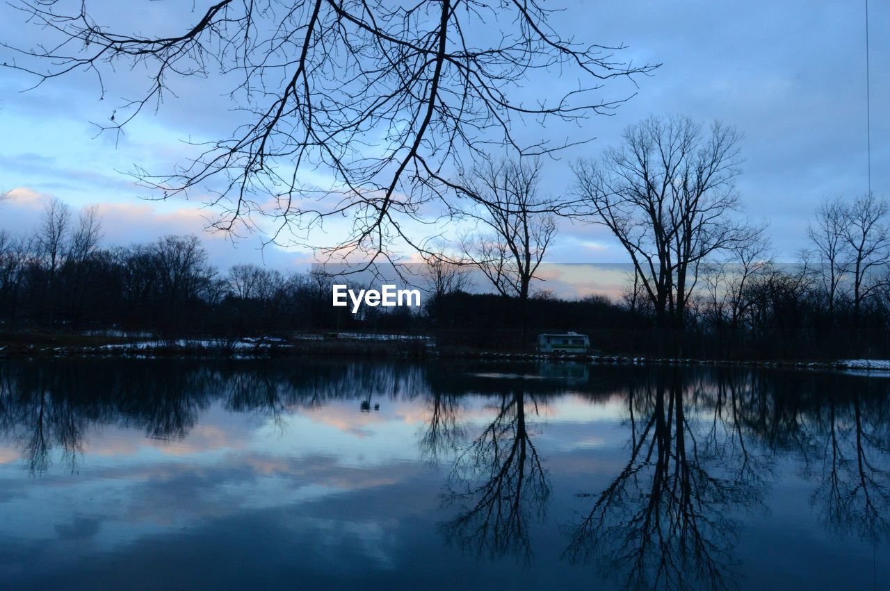 REFLECTION OF TREE IN LAKE AGAINST SKY