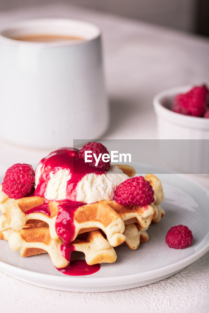 Freshly baked waffles with raspberry syrup and ice cream on a plate