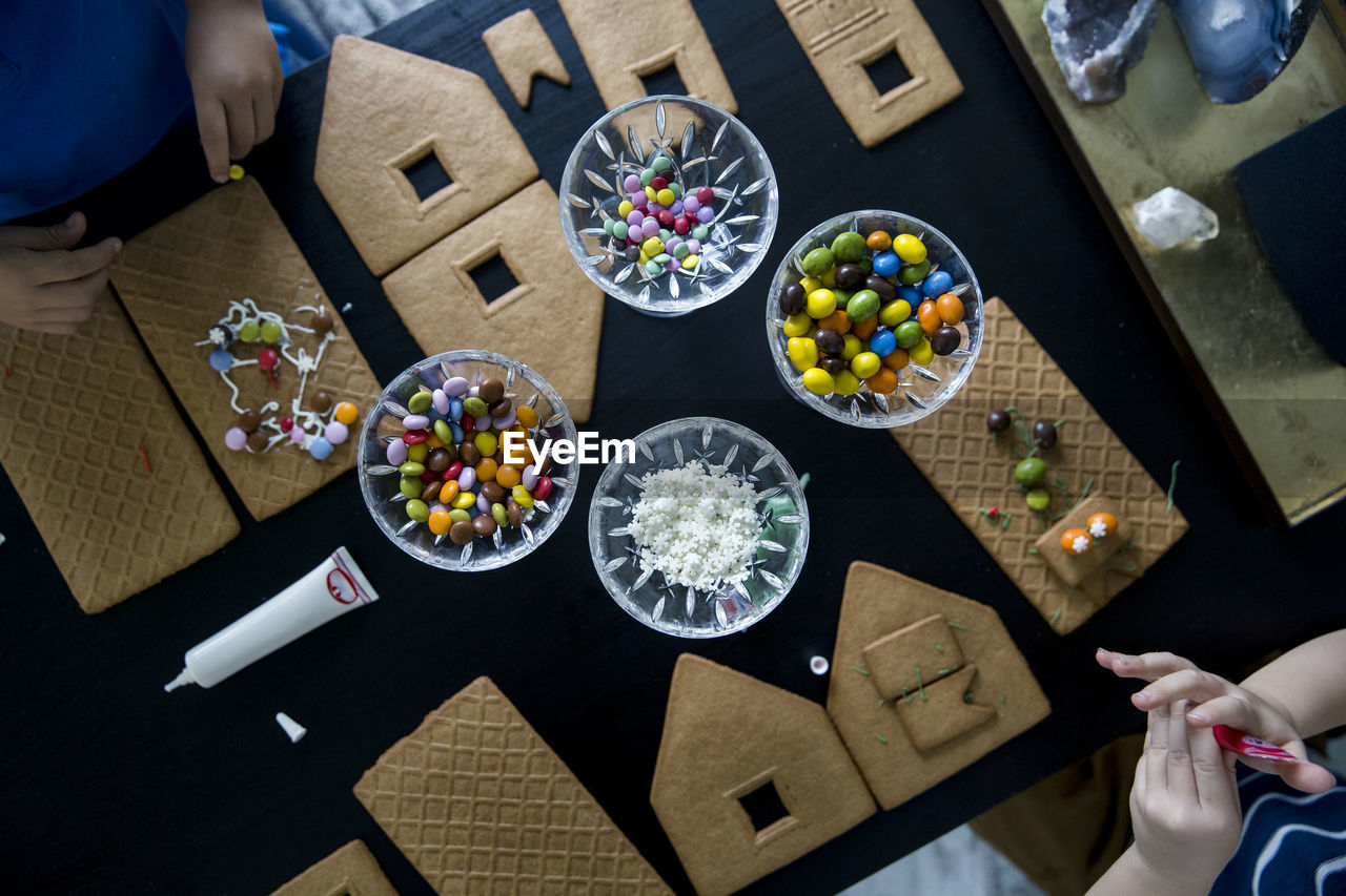 High angle view of gingerbread house