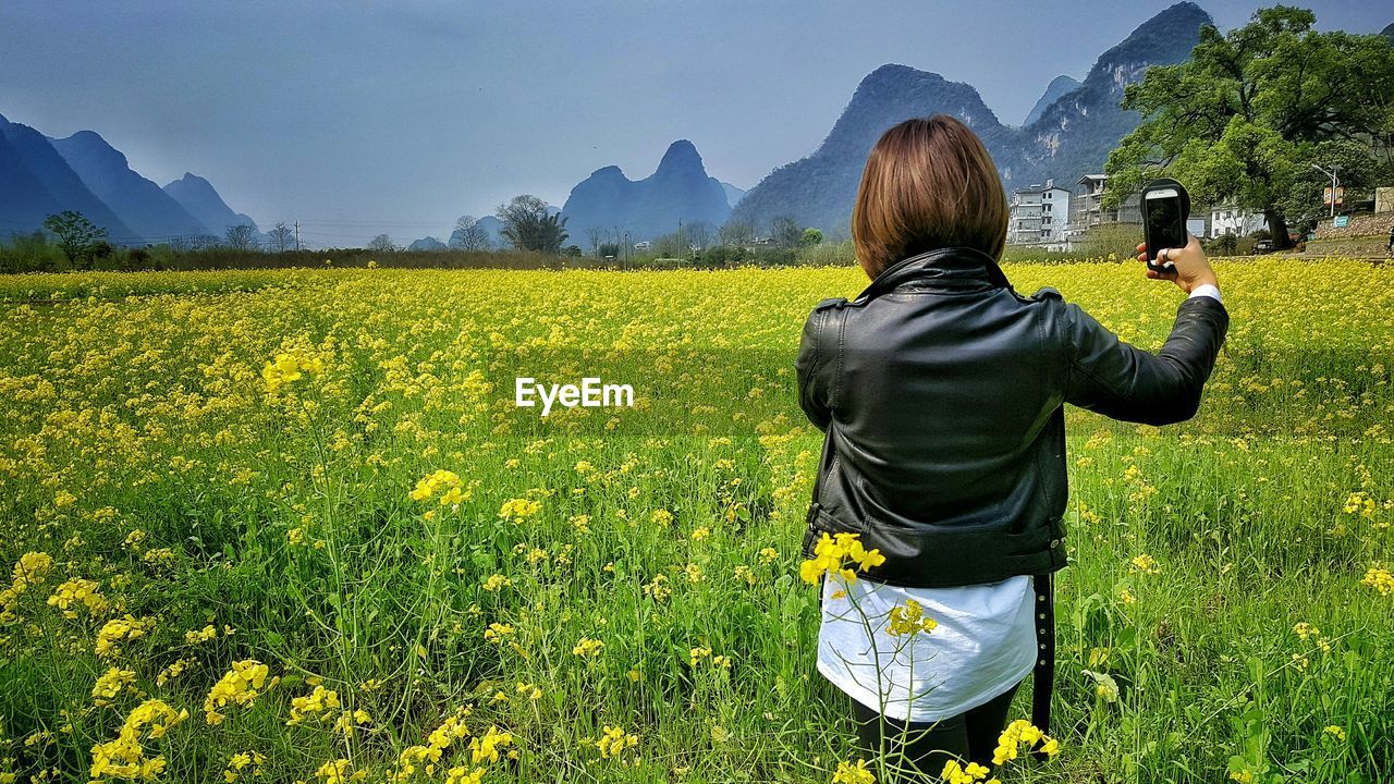 Rear view of woman photographing on raps field