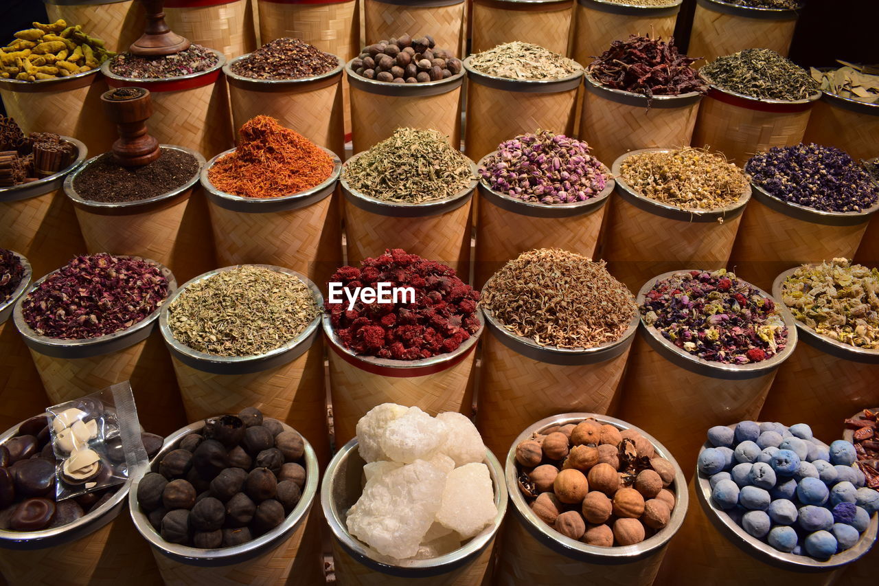 High angle view of various spices for sale at market stall