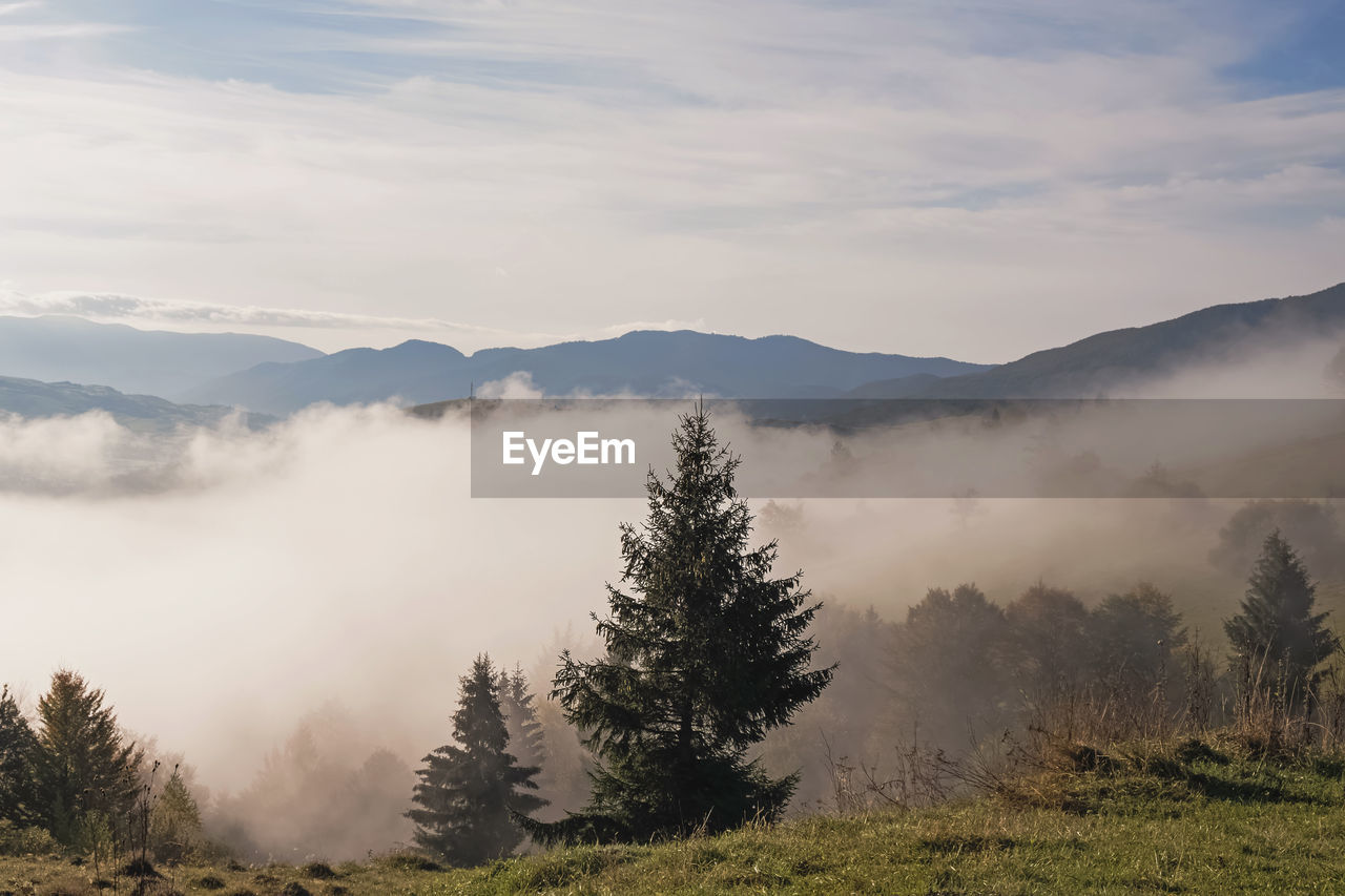 Beautiful mountain landscape. sky with clouds and fog on the hills, early morning.