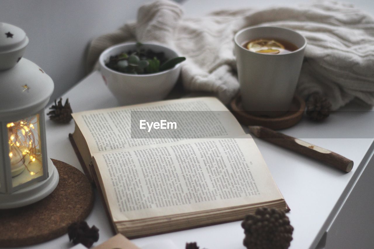 High angle view of breakfast on table