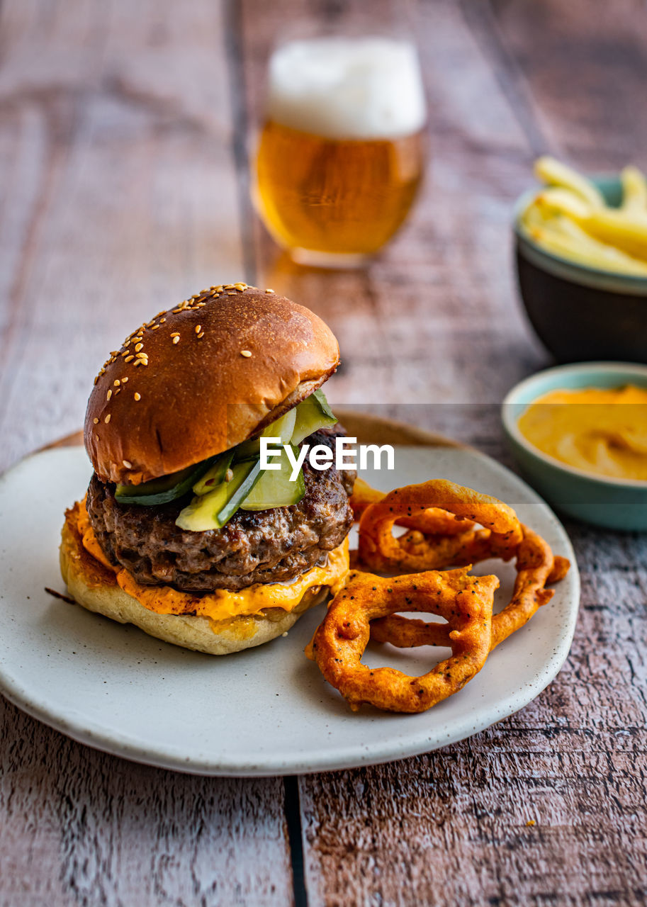 Close-up of burger on table