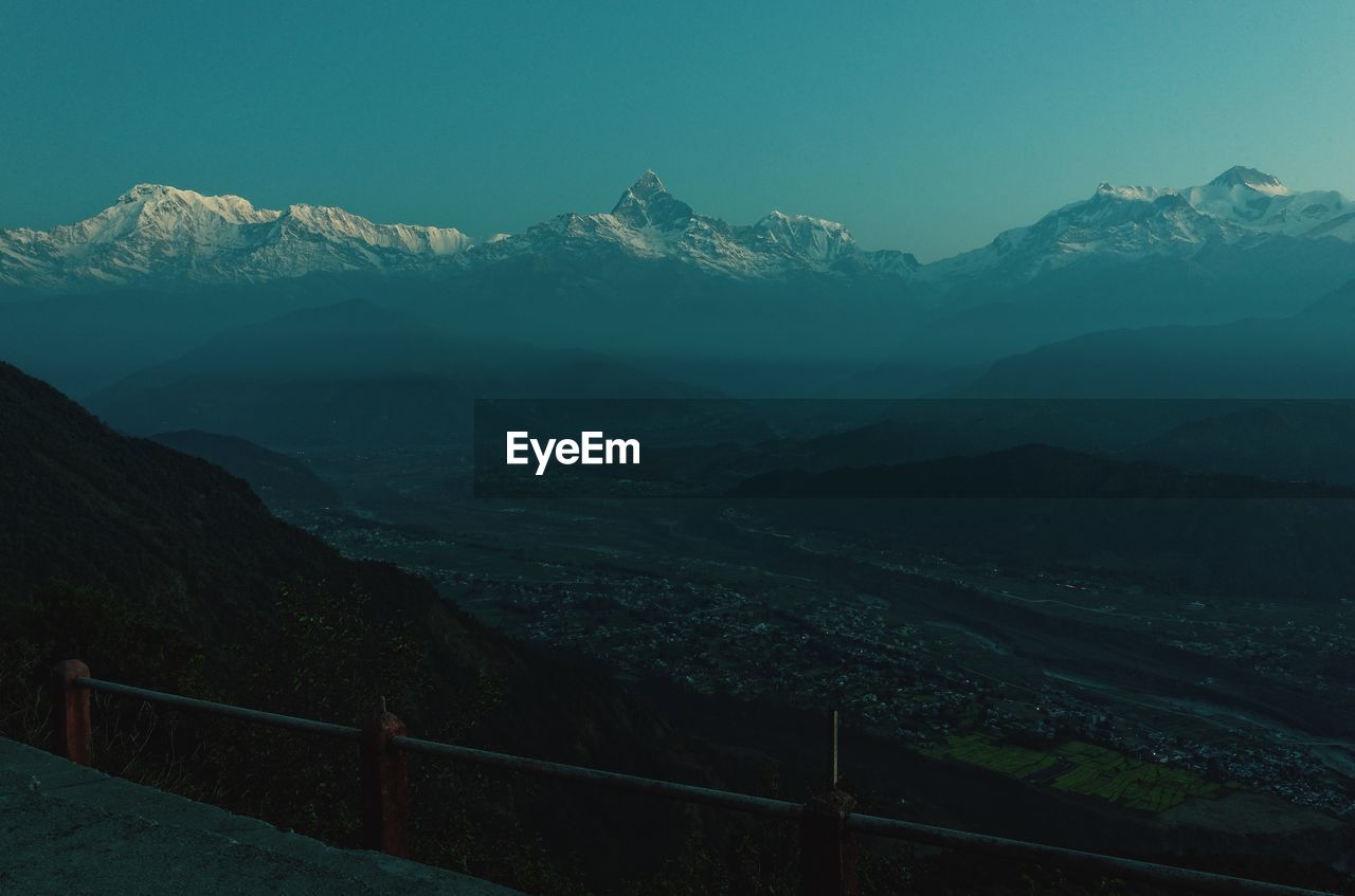 Scenic view of snowcapped mountains against sky