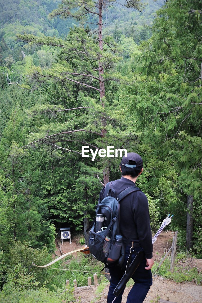 Rear view of hiker standing on mountain at forest