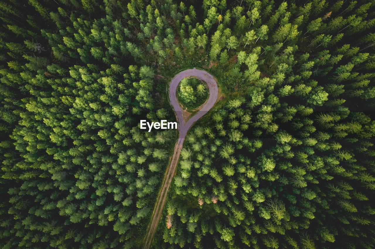 Aerial view of a road with a roundabout in a forest in finland