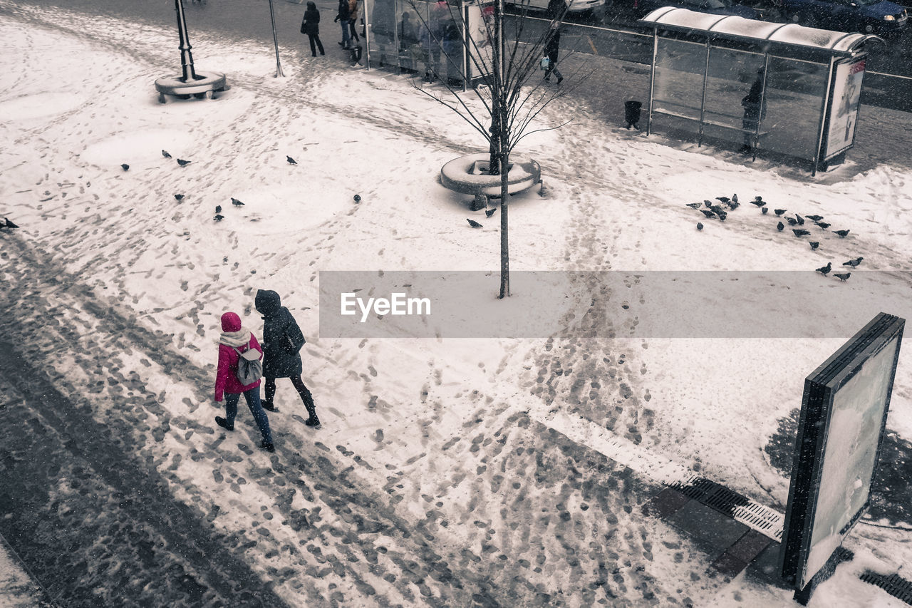 High angle view of people walking in snow 