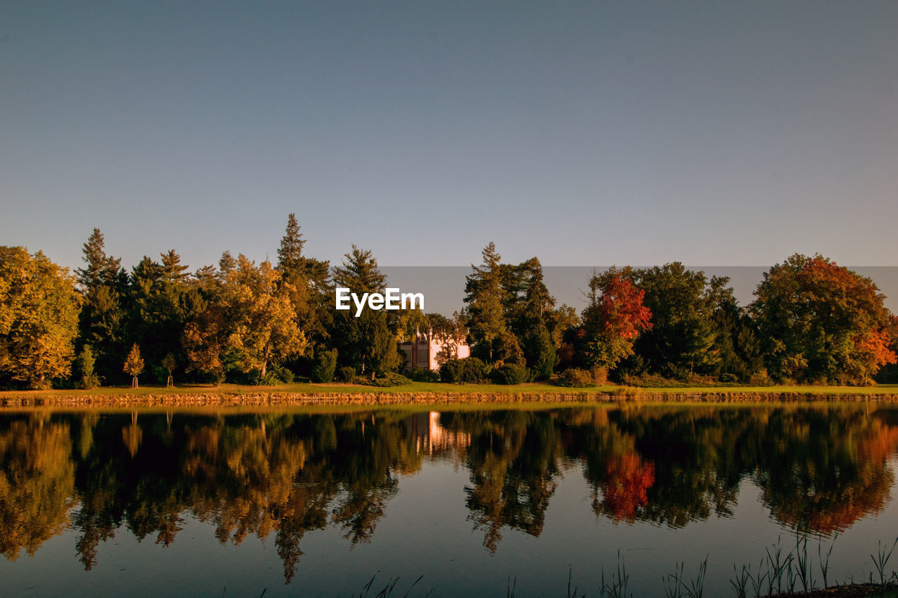 Scenic view of lake against clear blue sky