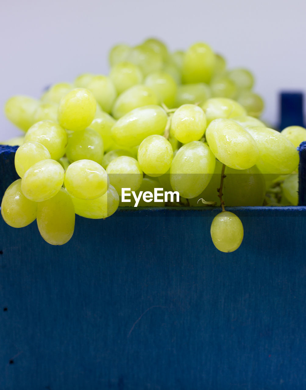 Green grapes in a blue wooden box