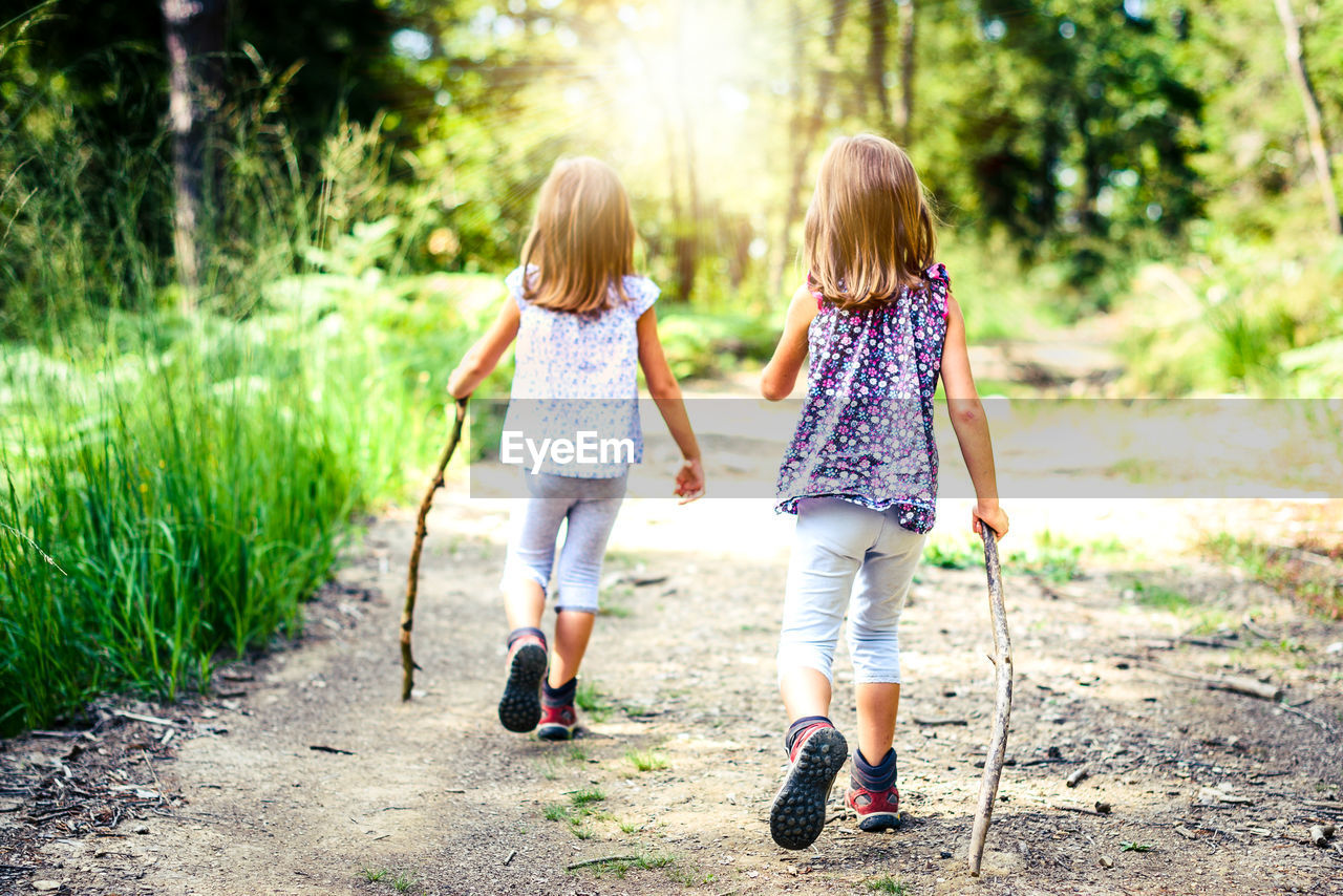 REAR VIEW OF GIRLS WALKING ON ROAD ALONG TREES