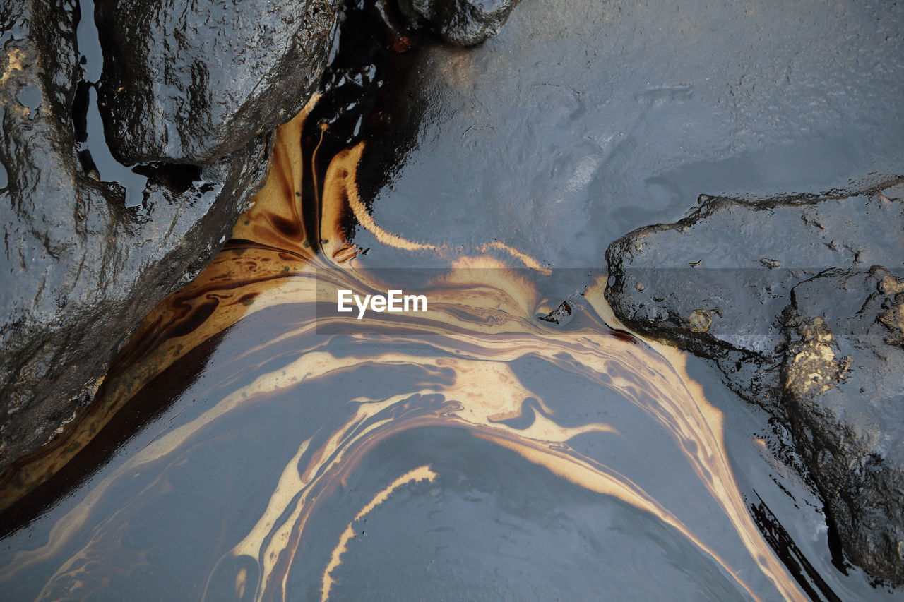 HIGH ANGLE VIEW OF WATER FLOWING THROUGH ROCKS