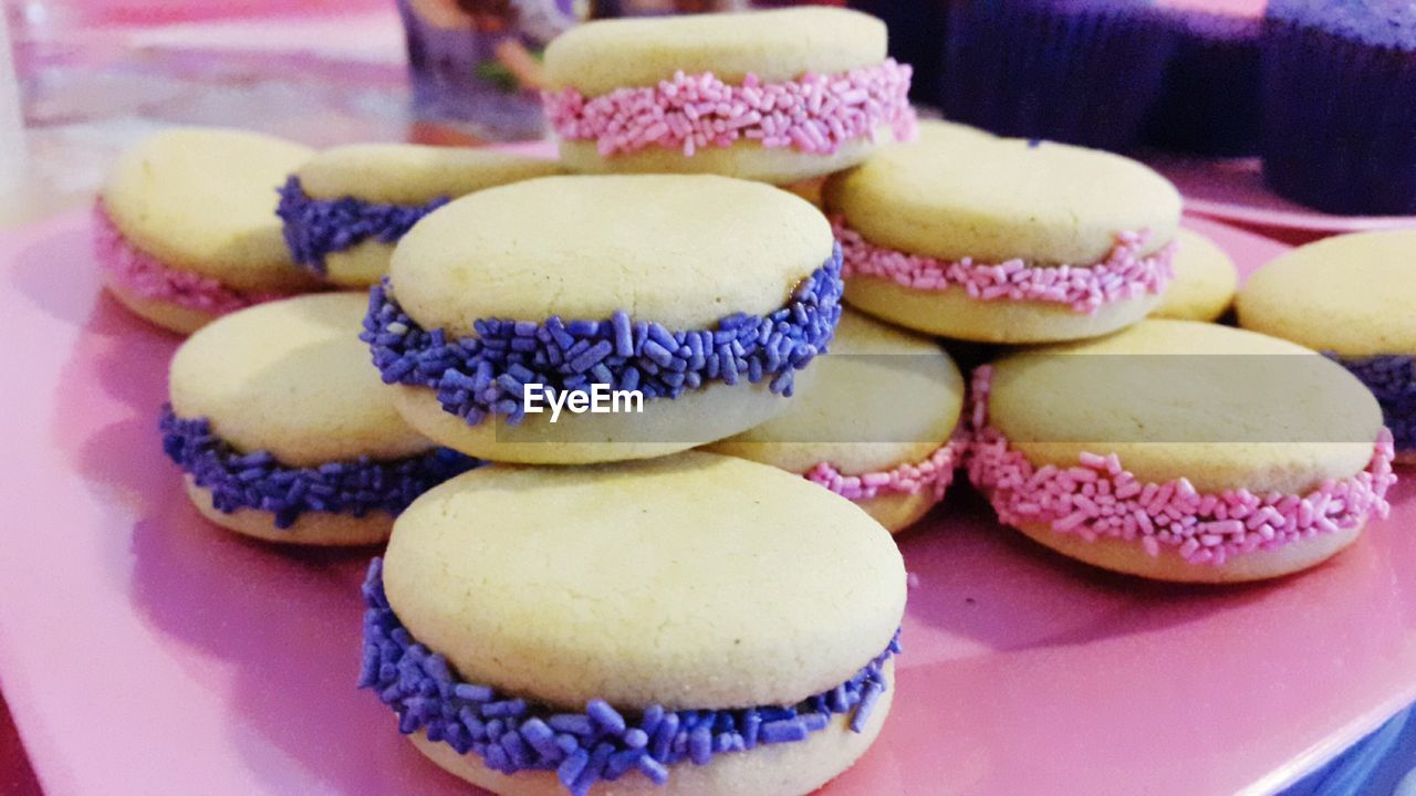 Close-up of macaroons with sprinkles
