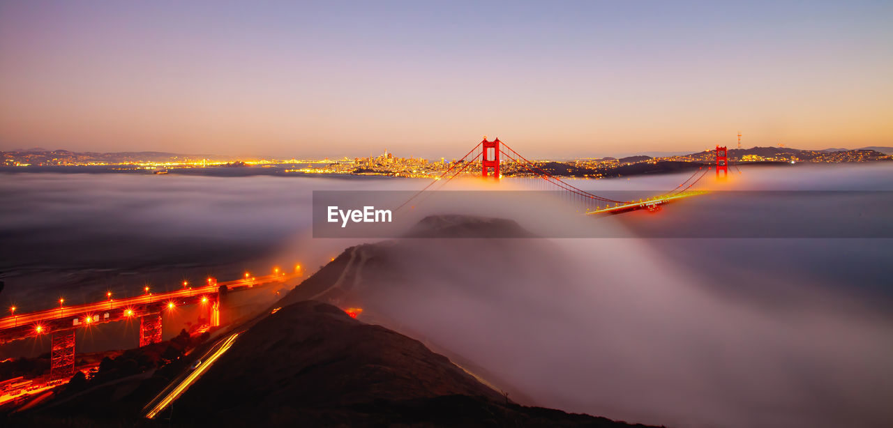 Aerial view of golden gate bridge during sunset