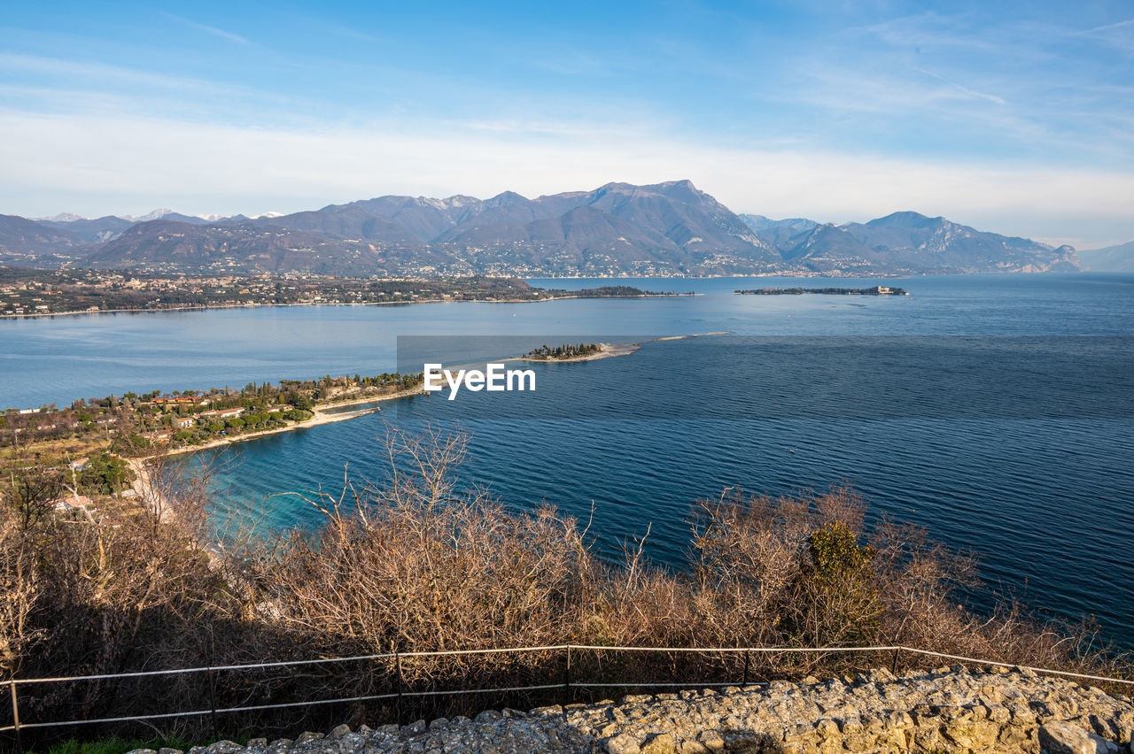 Aerial view of the lake garda with the rabbit island and the garda island from manerba