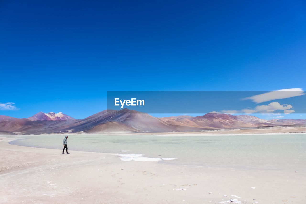 Side view of young man walking at desert against blue sky during sunny day