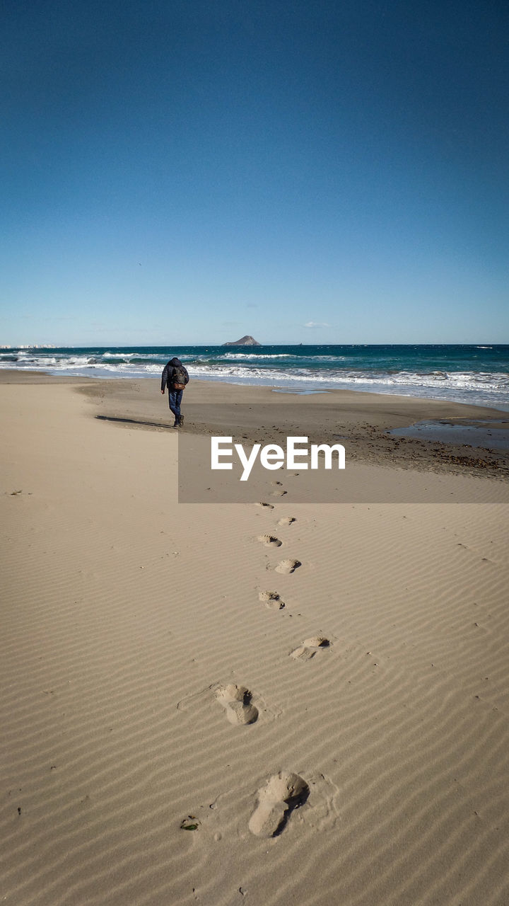 Rear view of man on beach against clear sky