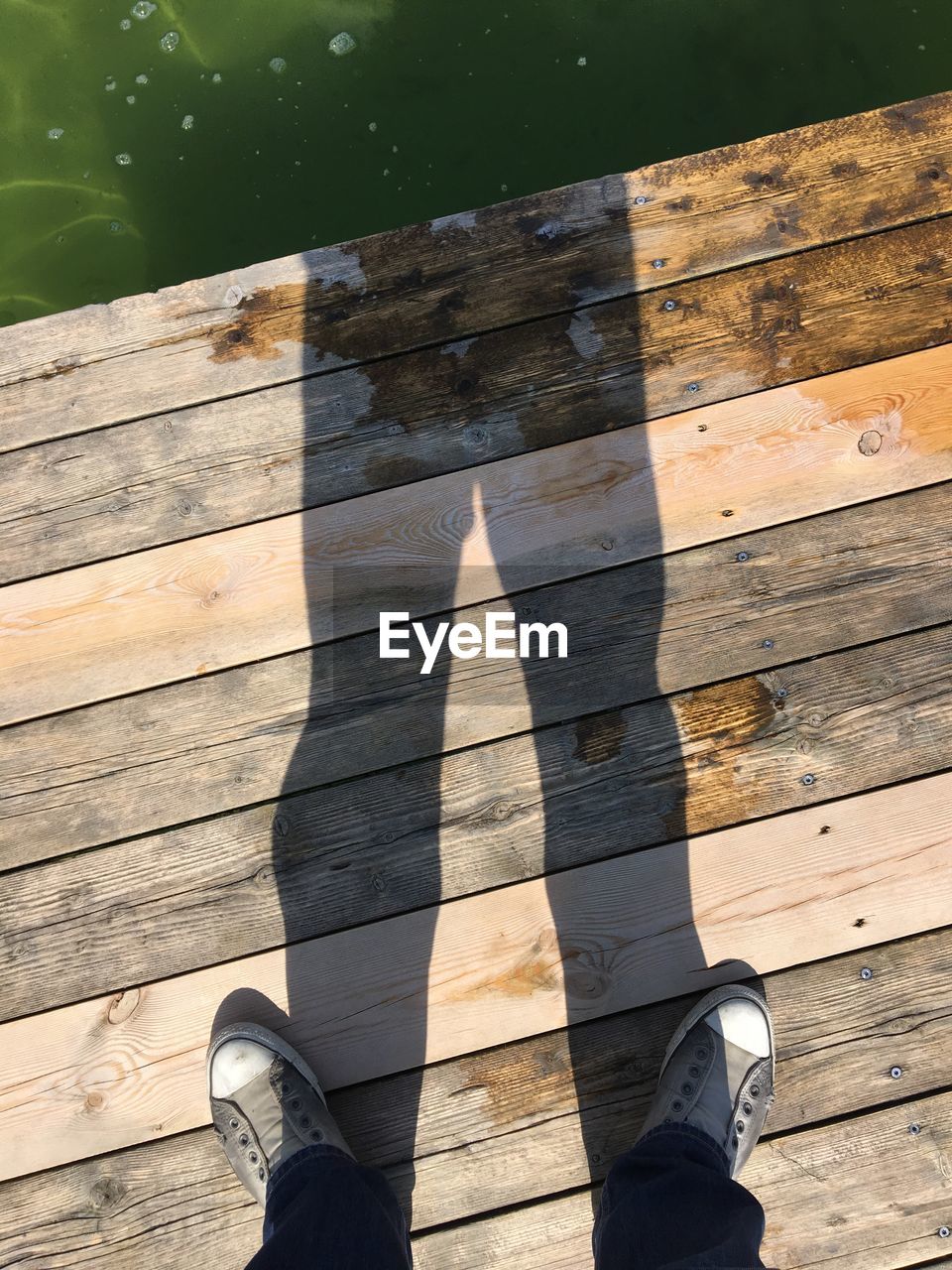 Low section of man standing on wooden pier by lake