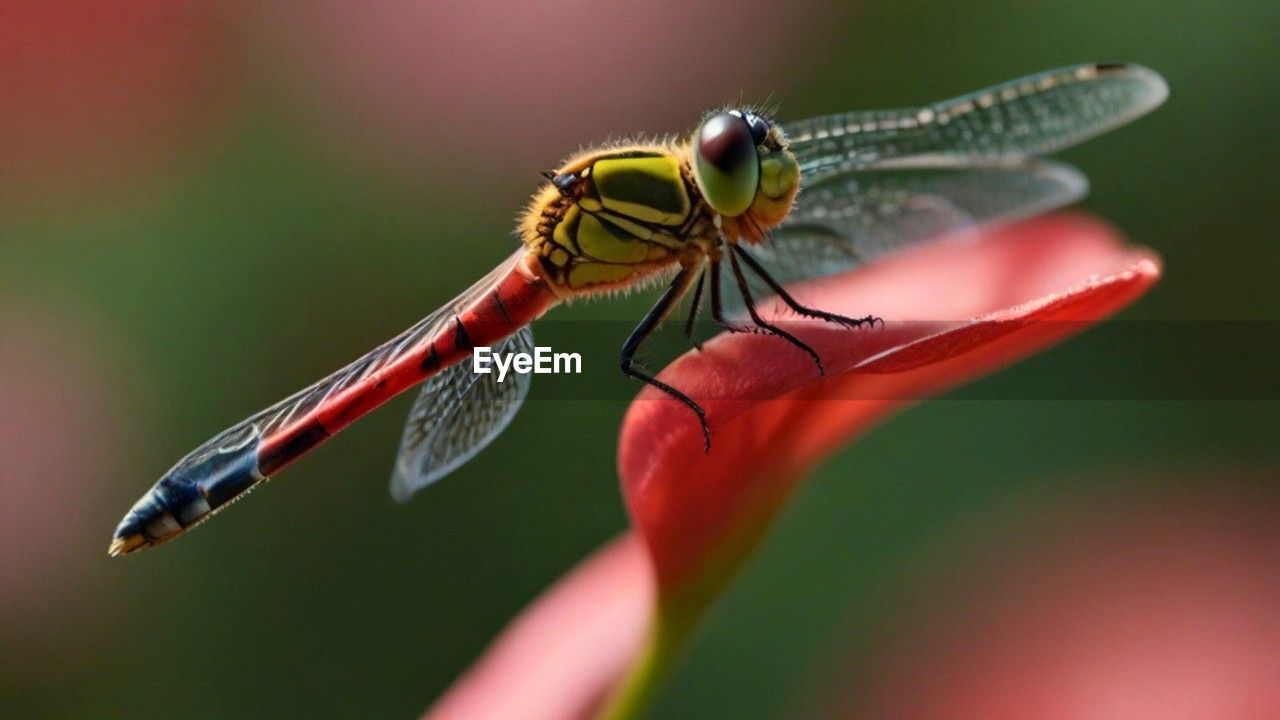 dragonflies and damseflies, animal themes, insect, animal, animal wildlife, dragonfly, close-up, macro photography, one animal, wildlife, animal wing, nature, focus on foreground, green, macro, beauty in nature, plant, plant stem, animal body part, magnification, no people, outdoors, flower, fragility, freshness, day, red, perching, selective focus