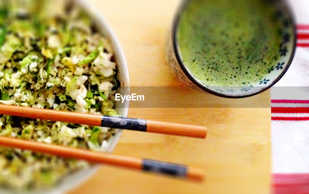 High angle view of salad served in bowl on table