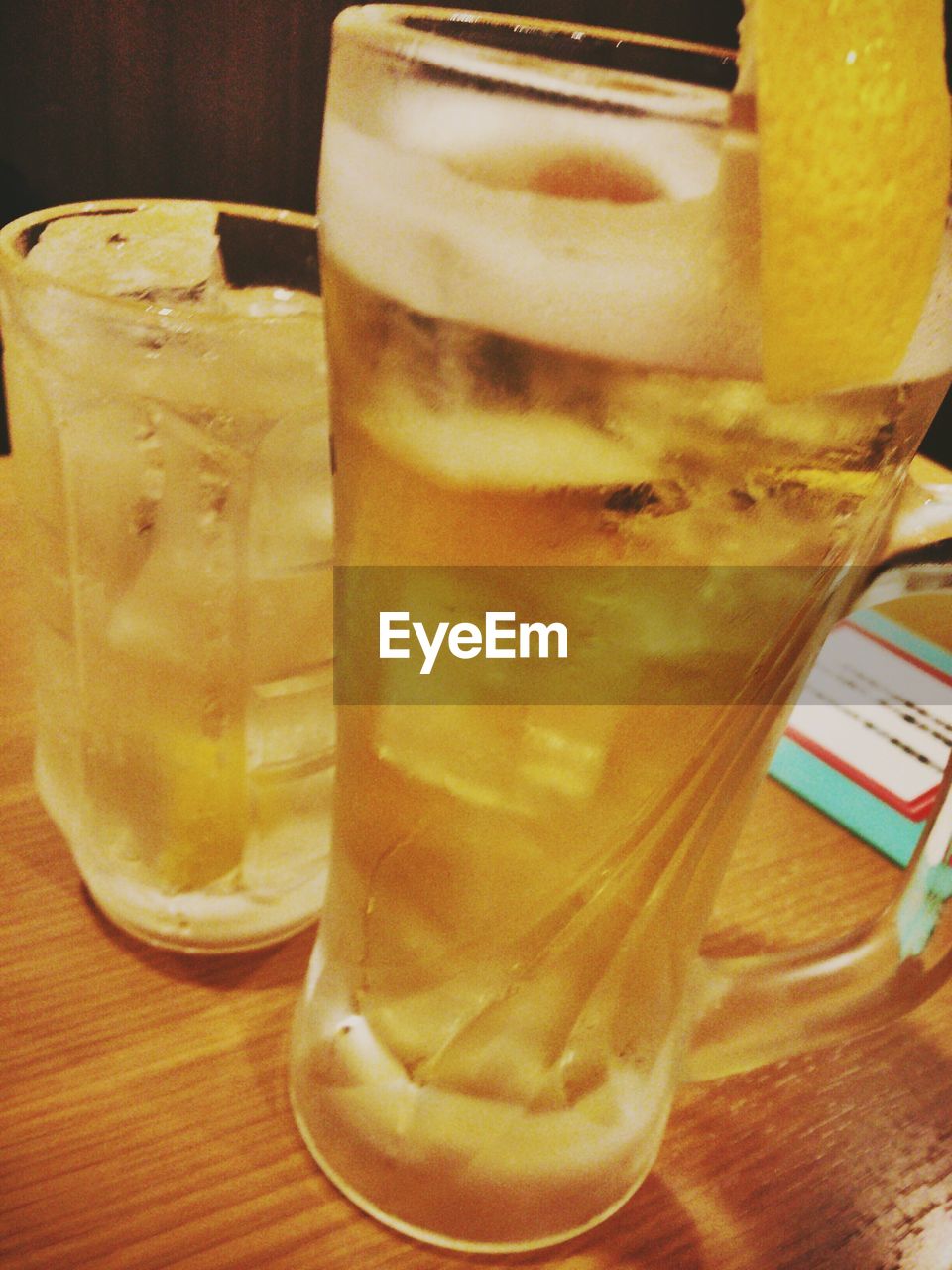 High angle view of beer in glass on table