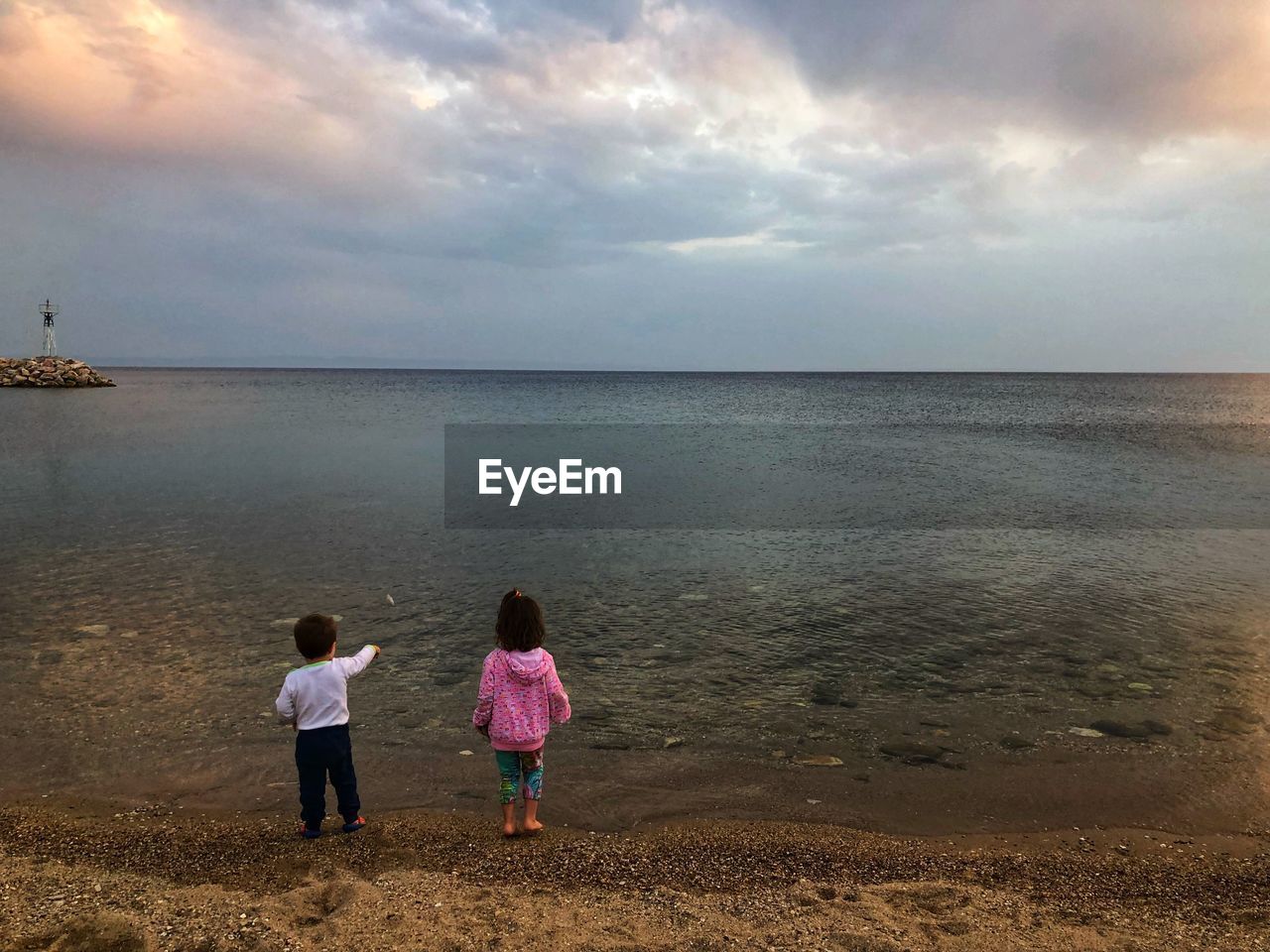 Rear view of siblings at beach against sky