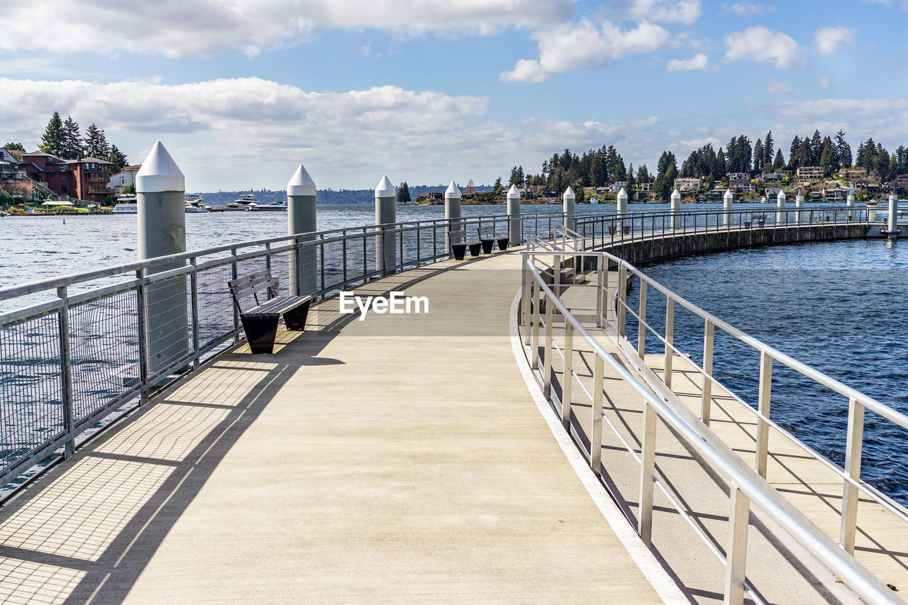 A detailed view of the pier at neydenbauer bay park in bellevue, washington.