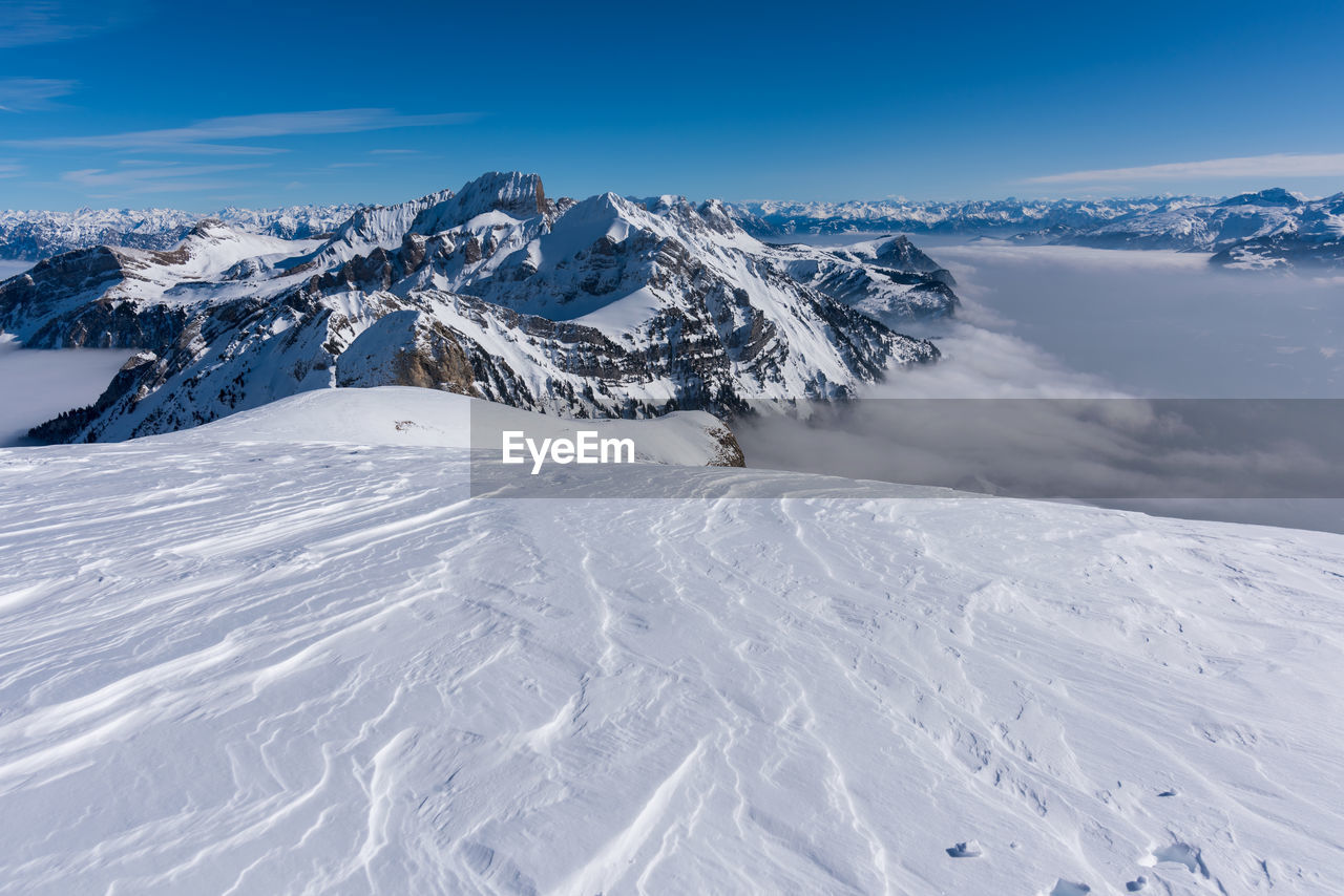 Aerial view of snowcapped mountains against sky