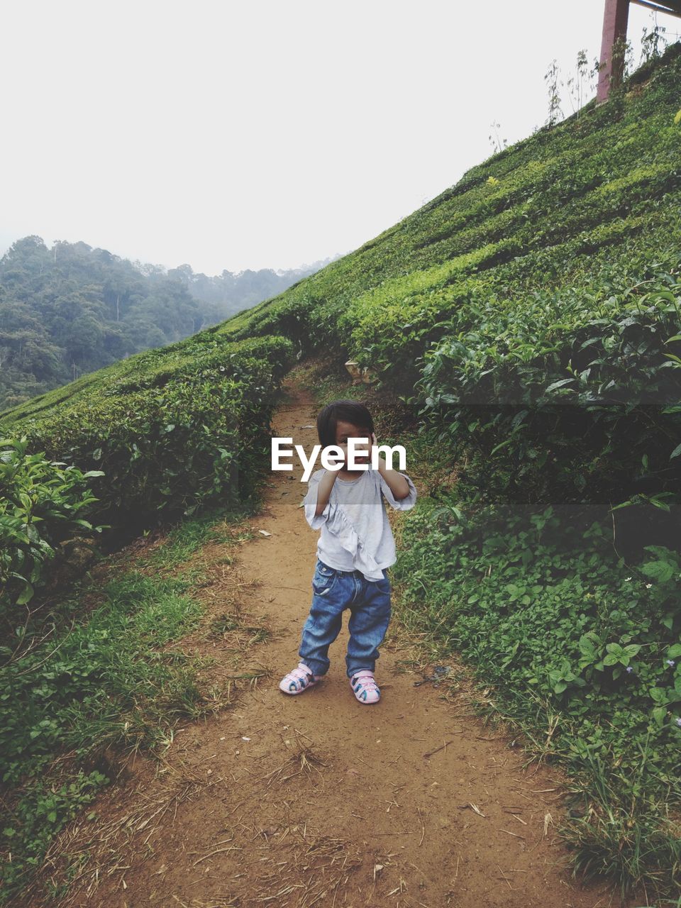 Full length of girl standing on field against mountain