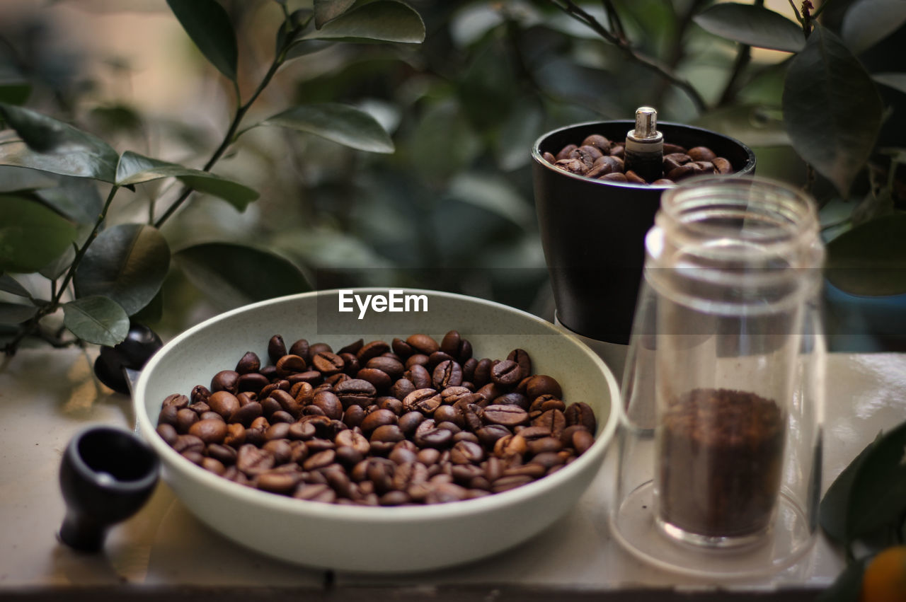 Close-up of coffee beans on table
