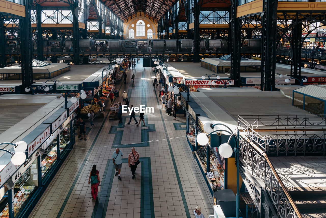 High angle view of people at central market hall