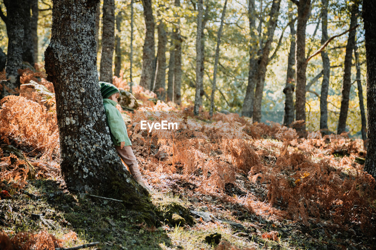 Girl leaning on tree trunk in forest during autumn