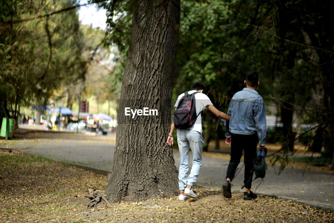 REAR VIEW OF COUPLE WALKING ALONG PLANTS