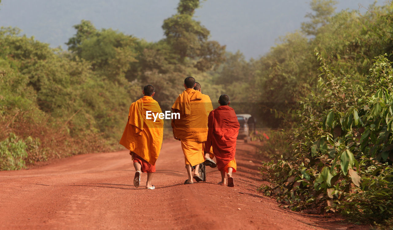 Rear view of monks walking on road amidst trees