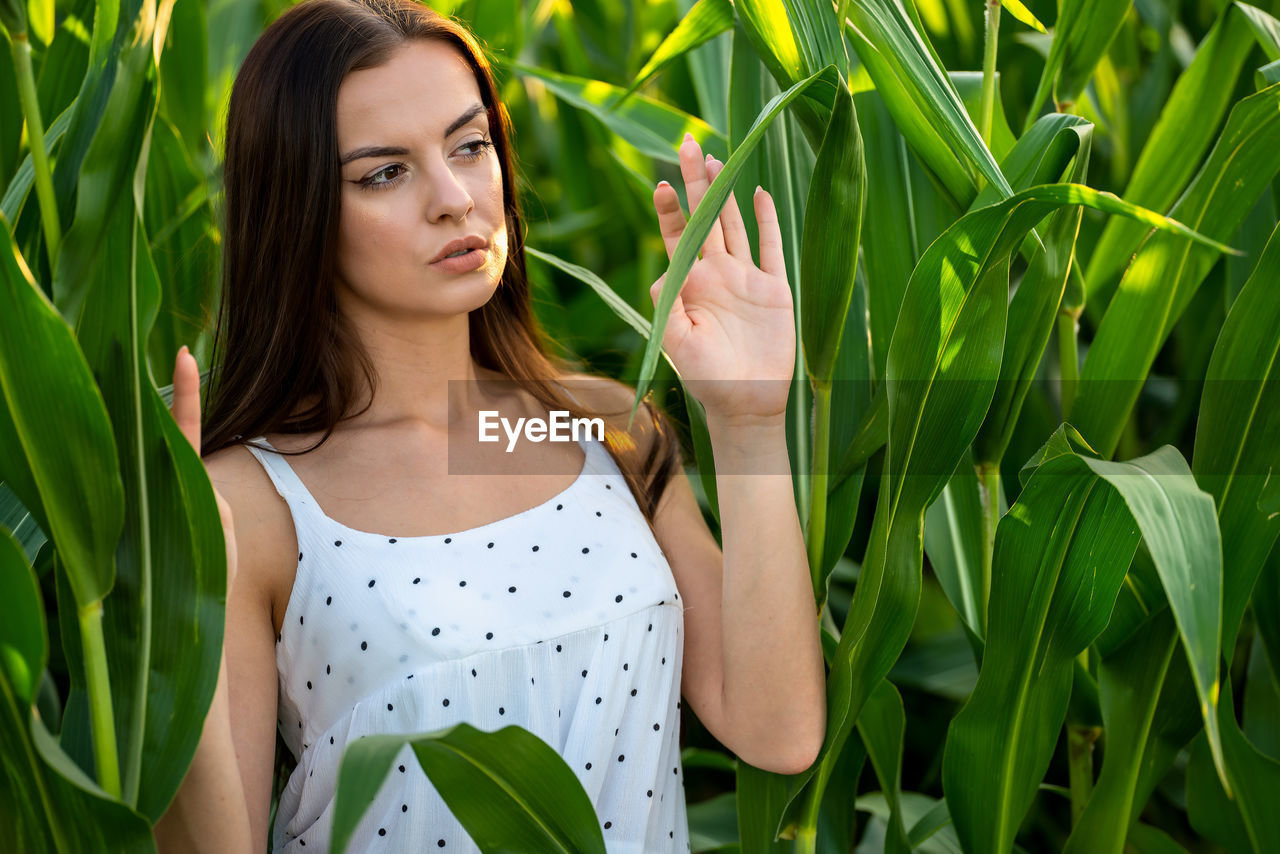 green, grass, women, one person, plant, adult, young adult, nature, long hair, hairstyle, portrait, field, flower, lawn, growth, photo shoot, beauty in nature, lifestyles, female, summer, land, fashion, brown hair, looking, outdoors, leaf, landscape, environment, plant part, clothing, dress, child, agriculture, leisure activity, rural scene, standing, smiling, tranquility, person, waist up, emotion, portrait photography, front view, relaxation, meadow, day, crop, yellow, casual clothing