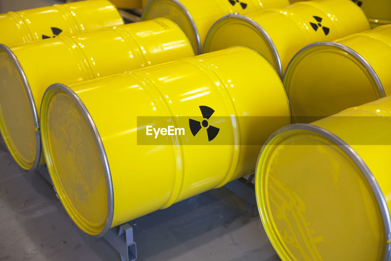 Close-up of radioactive barrels