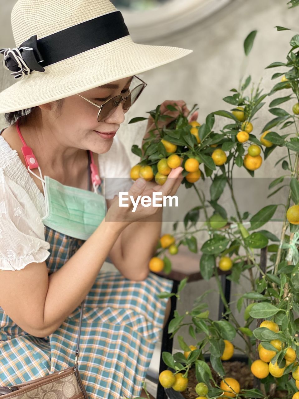 Low section of woman holding fruit 