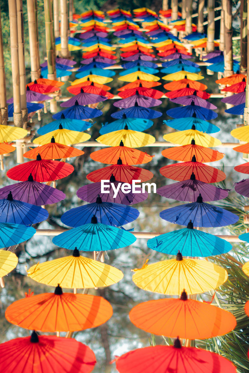 High angle view of multi colored umbrellas 